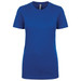 A blue women's boyfriend tee, featuring a classic crew neck and short sleeves, with a logo on the label.