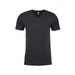 A men's dark grey V-neck t-shirt with short sleeves and a logo on the label.
