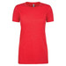 A red women's crew neck t-shirt featuring short sleeves and a simple design, with a branding logo.