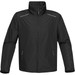 A black rain jacket featuring a high collar, zippered pockets, and reflective detailing. It has a logo on it.