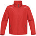 A red rain jacket with a zippered front, side pockets, and a high collar. Features reflective detailing and a logo. A red rain jacket with a zippered front, side pockets, and a high collar. Features reflective detailing and a logo.