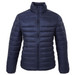 A navy puffer jacket featuring a zip front and a high collar, with a quilted design throughout the material. A navy puffer jacket featuring a zip front and a high collar, with a quilted design throughout the material.