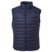 A navy puffer vest with a stand-up collar and zippered front, featuring a branding logo. A navy puffer vest with a stand-up collar and zippered front, featuring a branding logo.
