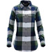 A women's button-up shirt in a blue, green, and grey plaid pattern with a snap front and two chest pockets.