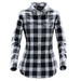 A women's button-up shirt in black and white plaid with long sleeves and a snap front, featuring two chest pockets and a logo.