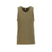A men's olive green tank top with a round neckline, featuring a logo on the label.
