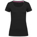 A black women's crew neck t-shirt featuring a rounded neckline and short sleeves. It has a logo on the garment. A black women's crew neck t-shirt featuring a rounded neckline and short sleeves. It has a logo on the garment.