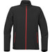 A black softshell jacket with red zippers and pockets, featuring a high collar and a logo. A black softshell jacket with red zippers and pockets, featuring a high collar and a logo.