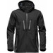 A black softshell jacket features a hood and multiple zippered pockets, with a logo on the sleeve.