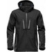 A black softshell jacket with a hood and multiple zippered pockets, featuring a logo on one sleeve.