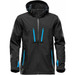 A black softshell jacket with blue zippered pockets and a hood, featuring a logo on one sleeve.