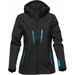 A women's softshell jacket in black with blue zip details and a hood. Features three zippered pockets and a fitted design.
