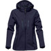 A women's softshell jacket in navy blue with a hood and multiple zippered pockets. It features a logo on the sleeve.