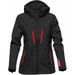 A women's softshell jacket in black with red accents, featuring a hood and two front zip pockets.