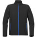 A black softshell jacket featuring blue zip details and side pockets. It has a high collar and a logo. A black softshell jacket featuring blue zip details and side pockets. It has a high collar and a logo.