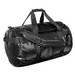 A large black duffle bag with sturdy handles and adjustable straps, featuring a logo. A large black duffle bag with sturdy handles and adjustable straps, featuring a logo.