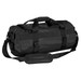 A black duffle bag with adjustable straps and a logo, featuring a zippered opening and sturdy handles. A black duffle bag with adjustable straps and a logo, featuring a zippered opening and sturdy handles.