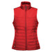A red women's quilted vest with a high collar and zip front, featuring a logo on the lower side.