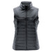 A women's quilted vest in a dark grey colour, featuring a high collar and a zippered front. Includes a logo.