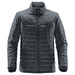 A men's quilted jacket in dark grey with a zip front and quilted detailing. Features a logo on the jacket.