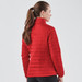 Red quilted jacket for women, featuring a high collar and a sleek design. Includes a branding logo.