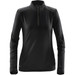 A women's black fleece pullover with a half zip and long sleeves, featuring a logo.