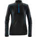 A women's black fleece pullover with blue accents and a half-zip neckline. It features long sleeves and a logo.