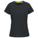 A dark green women's active t-shirt with a round neckline and a contrasting bright green trim. It features a logo. A dark green women's active t-shirt with a round neckline and a contrasting bright green trim. It features a logo.