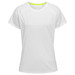 A white women's active t-shirt with short raglan sleeves and a neon green neckline, featuring a logo. A white women's active t-shirt with short raglan sleeves and a neon green neckline, featuring a logo.