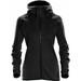 A black women's hoodie with a zip front, pockets, and a hood, featuring a logo on the side. A black women's hoodie with a zip front, pockets, and a hood, featuring a logo on the side.