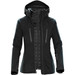 A women's black jacket with a hood, featuring zippered pockets and a sleek design, also displaying a logo.