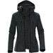A women's jacket in dark green with a hood and zippered pockets, featuring a logo on the sleeve.
