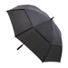 A black umbrella featuring a sleek design and an ergonomic handle. It includes a logo on the canopy. A black umbrella featuring a sleek design and an ergonomic handle. It includes a logo on the canopy.