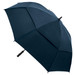 A large dark blue umbrella with a sturdy handle and a classic design, featuring a logo on the handle. A large dark blue umbrella with a sturdy handle and a classic design, featuring a logo on the handle.