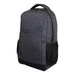 A black and grey laptop backpack with a zipper closure and side mesh pockets. It features a logo on the front. A black and grey laptop backpack with a zipper closure and side mesh pockets. It features a logo on the front.