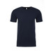 A navy blue men's sueded crew t-shirt with a round neckline and short sleeves. It features a brand logo.