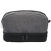 A grey and black toiletry bag with a zippered closure and a logo on the side. A grey and black toiletry bag with a zippered closure and a logo on the side.