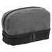 A grey and black toiletry bag with a rounded top and dual zip closures, featuring a logo. A grey and black toiletry bag with a rounded top and dual zip closures, featuring a logo.