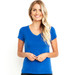 A blue women's sueded V-neck t-shirt with short sleeves, displayed on a smiling model. It features a logo. A blue women's sueded V-neck t-shirt with short sleeves, displayed on a smiling model. It features a logo.