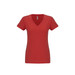 A red women's sueded V-neck t-shirt with short sleeves and a logo. A red women's sueded V-neck t-shirt with short sleeves and a logo.