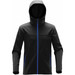 A black softshell hoody with blue zippers and accents, featuring a hood and zippered pockets. A black softshell hoody with blue zippers and accents, featuring a hood and zippered pockets.