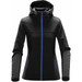 A black women's softshell hoody featuring blue zippers and a hood. It has two side pockets and a sleek design. A black women's softshell hoody featuring blue zippers and a hood. It has two side pockets and a sleek design.