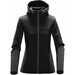 A black women's softshell hoody featuring a hood, zippered front, and two side pockets. Includes branding. A black women's softshell hoody featuring a hood, zippered front, and two side pockets. Includes branding.