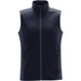 A navy blue softshell vest with a high collar and side zip pockets. It features a logo on the chest. A navy blue softshell vest with a high collar and side zip pockets. It features a logo on the chest.