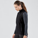 A black softshell vest designed for women, featuring a zip front and side pockets, shown on a model.