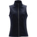 A women's softshell vest in navy blue with a high collar and zippered pockets, featuring branding. A women's softshell vest in navy blue with a high collar and zippered pockets, featuring branding.