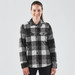 A women's black and grey plaid shacket with a button-up front and two chest pockets, featuring a logo.