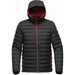 A black thermal jacket with a red interior, featuring a hood and zip closure, includes a logo on the sleeve. A black thermal jacket with a red interior, featuring a hood and zip closure, includes a logo on the sleeve.
