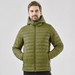 A men's thermal jacket in olive green with a zipped front and hood, featuring a quilted design and pockets.