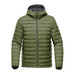 A men's thermal jacket in olive green with a hood and quilted design, featuring a logo on the front. A men's thermal jacket in olive green with a hood and quilted design, featuring a logo on the front.